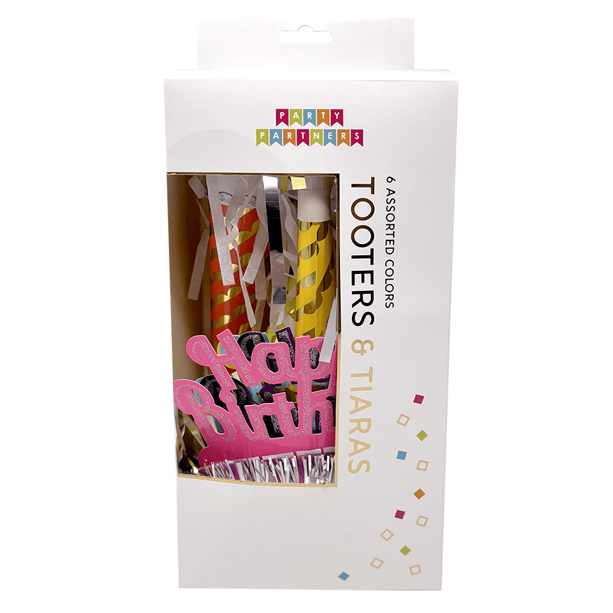 Colorful party hats with attached tooters from Party Partners, perfect for celebrations and festive gatherings.